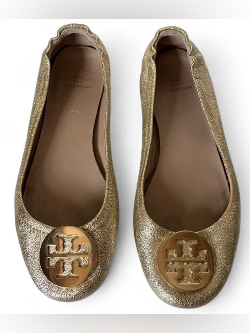 Tory Burch Reva Metallic Gold Crinkle Leather Ballet Flats size 8.5